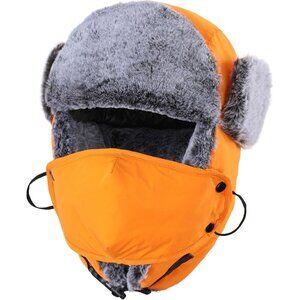 Unisex Faux Fur Lined Trapper Hat with Face Mask Water Repellent Winter Hat